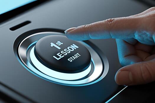 Close-up of a finger pressing a glowing 1st Lesson Start button on a sleek modern device symbolizing the beginning of learning new opportunities and the excitement of starting something new in the dig photo