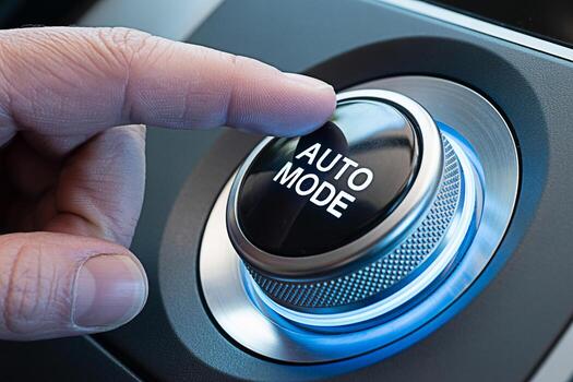 Close-up of a finger pressing the Auto Mode button on a modern cars dashboard showcasing convenience and technological advancement in a sleek illuminated setting emphasizing ease of use and automated photo