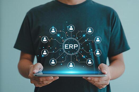 Man holding a tablet displaying an ERP system interface with connected user icons symbolizing enterprise resource planning and efficient data management in a modern business environment showcasing con photo