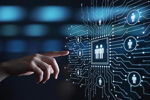 Human hand interacting with a digital interface displaying a network of people icons representing human resources teamwork and connection in a modern technologically advanced environment conveying inn photo