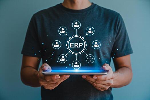 Man holding a tablet displaying an ERP system diagram in a studio setting symbolizing efficient business management and streamlined operations fostering a sense of technological advancement and connec photo