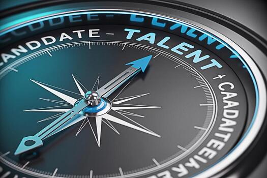 Close-up of a compass pointing towards Talent and Candidate in a corporate setting symbolizing recruitment and human resources with a modern and professional aesthetic representing opportunity and dir photo