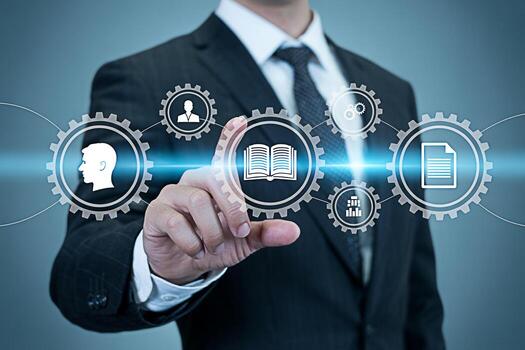 Professional businessman in a suit interacting with digital icons representing knowledge collaboration and data analysis on a virtual interface symbolizing innovation and strategic business developmen photo