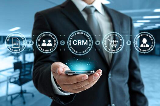 Sophisticated businessman in a modern office setting utilizing a smartphone to manage CRM showcasing efficiency and technological integration for streamlined customer relationship management photo