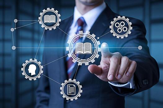 Sophisticated businessman in a corporate setting interacting with a digital interface displaying knowledge and learning icons representing innovation education and the interconnectedness of informatio photo