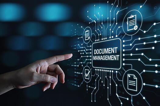 A finger interacts with a digital interface displaying Document Management icons and circuit patterns against a dark blue background symbolizing efficiency and technological solutions for business pro photo