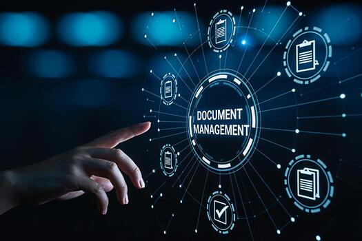 A hand interacting with a digital interface displaying Document Management surrounded by document icons in a futuristic interconnected network symbolizing efficiency and technological advancement in b photo