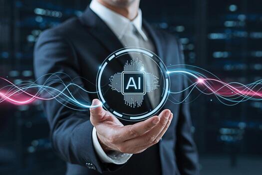 Confident businessman presenting a futuristic AI interface in a modern tech environment symbolizing innovation and technological advancement with a sleek and sophisticated aesthetic photo