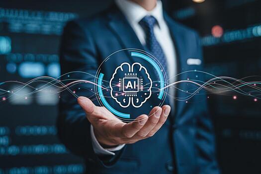 Sophisticated businessman presenting a glowing AI brain icon in a futuristic technology-driven environment symbolizing innovation and the power of artificial intelligence in modern business solutions photo