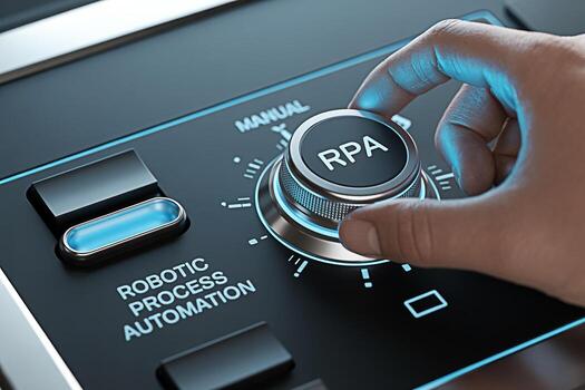 Close-up of a hand turning a shiny RPA Robotic Process Automation knob on a modern control panel in a futuristic setting symbolizing efficiency innovation and the integration of technology in business photo