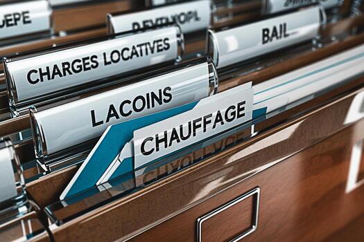 Close-up of file folders in a wooden filing cabinet organizing documents related to charges locatives lacions chauffage bail and developpement representing efficient office management and financial re photo