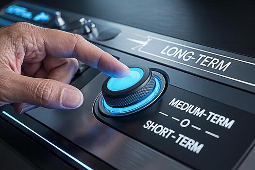 Close-up of a hand turning a glowing blue knob on a control panel to the Long-Term setting symbolizing strategic planning and a forward-thinking approach in a technologically advanced environment photo