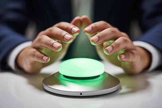 Determined businessman hovering hands over a glowing green button on a white desk symbolizing decision-making control and the power to initiate change in a high-stakes environment conveying a sense of photo