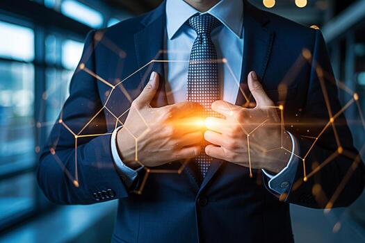 confidente empresario en un traje gesticulando con manos en contra un moderno oficina fondo simbolizando innovación conexión y un brillante futuro en tecnología y negocio desarrollo con un red visual foto