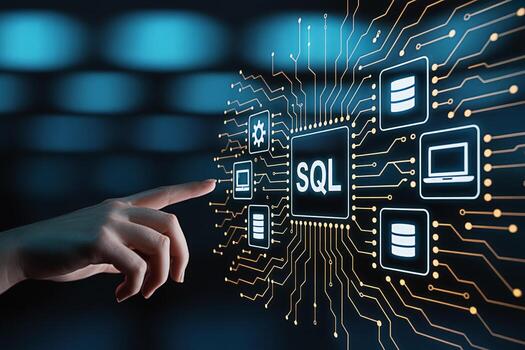 A hand interacts with a digital interface displaying SQL database icons and circuit board patterns on a dark blue background representing data management technology solutions and innovative database s photo