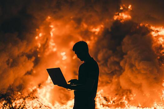 Silhouette of a focused man using a laptop against the backdrop of an intense raging fire symbolizing resilience urgency and the challenges of working under pressure in a crisis situation photo