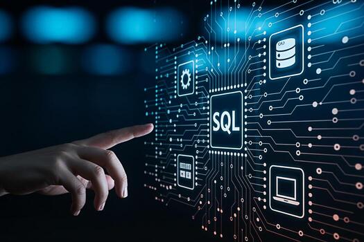 Human hand interacting with a digital SQL interface on a dark blue background representing database management data analysis and the power of structured query language in modern technology photo