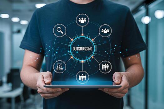Man in a modern office setting holding a tablet displaying an outsourcing network diagram illustrating business process outsourcing and human resources management for global talent acquisition and wor photo
