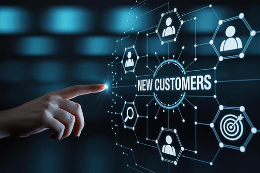 A finger touches a digital interface displaying New Customers surrounded by icons representing user profiles search and target symbolizing customer acquisition and business growth in a technologically photo