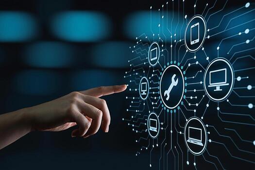 Human finger interacting with a digital interface displaying maintenance and repair icons in a futuristic high-tech environment symbolizing technological support and innovative solutions for device ma photo