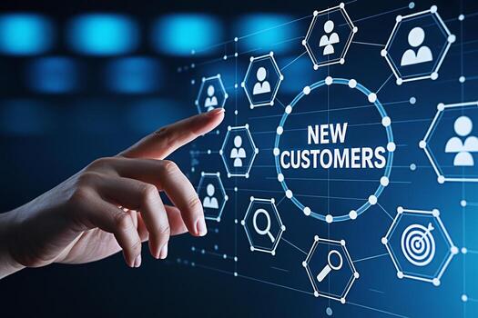Hand interacting with a digital interface displaying New Customers surrounded by customer icons search icons and target icons representing a modern interconnected business strategy for customer acquis photo