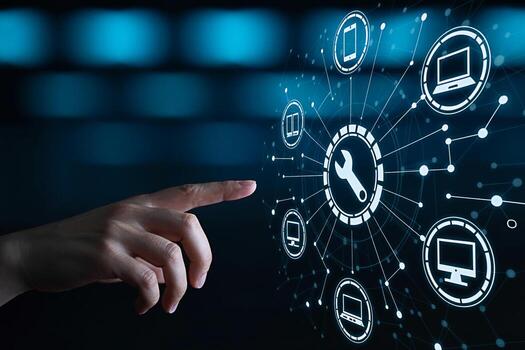 Persons hand interacting with a digital interface displaying a network of connected devices and a wrench icon symbolizing IT support and maintenance in a modern high-tech environment conveying innovat photo