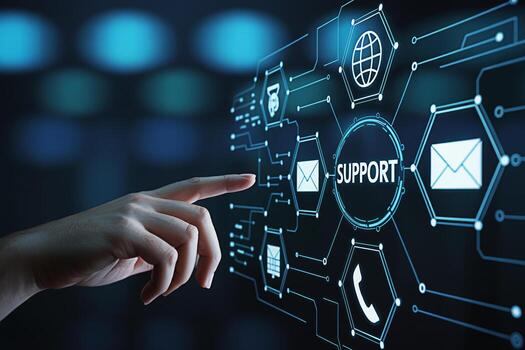 A finger interacting with a digital support interface in a futuristic environment highlighting customer service and technical assistance with a modern technological feel and a focus on user experience photo