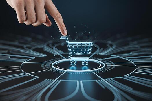 A hand interacts with a glowing shopping cart icon on a futuristic interface symbolizing online shopping and e-commerce in a digital environment representing convenience and technological advancement photo