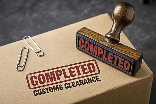 Close-up of a wooden stamp marking a cardboard box as Completed Customs Clearance on a dark surface symbolizing successful import and export processes and efficient international trade operations photo