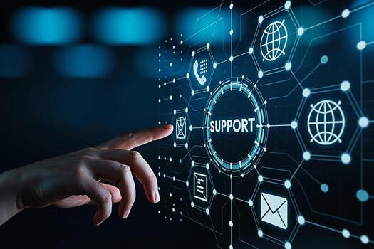 A finger interacts with a digital interface displaying the word SUPPORT surrounded by icons representing communication channels in a futuristic interconnected network conveying a sense of accessible a photo