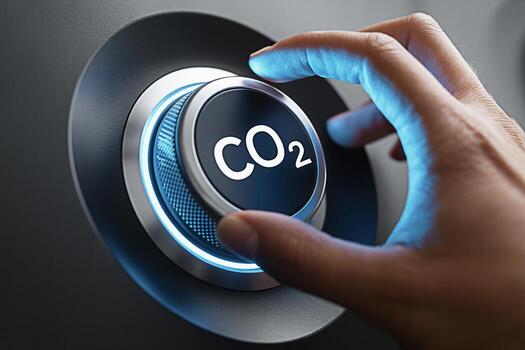 Close-up of a hand turning a modern control knob with CO2 symbol in a dark setting representing carbon emissions reduction and a commitment to environmental sustainability and a greener future photo