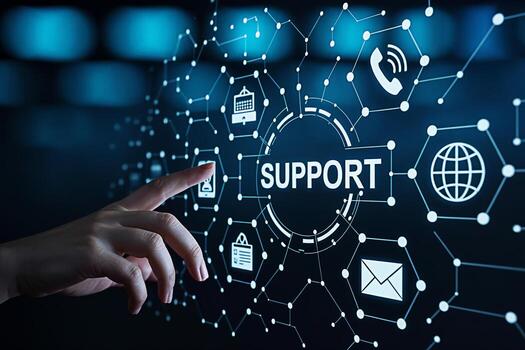 A finger interacts with a digital support interface on a glowing blue screen representing customer service and technical assistance in a modern connected world conveying a sense of efficiency and help photo