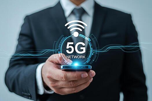Sophisticated businessman in a suit displaying a 5G network icon on a smartphone symbolizing advanced technology and seamless connectivity in a modern fast-paced digital environment conveying innovati photo