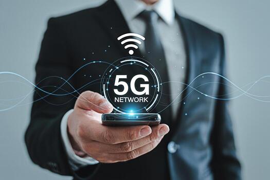 Sophisticated businessman in a suit holding a smartphone displaying a 5G network connection in a modern office setting symbolizing advanced technology and seamless communication for business professio photo