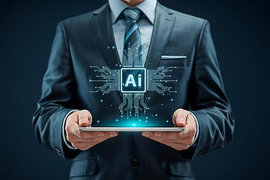 Sophisticated businessman holding a tablet displaying an AI circuit board in a corporate setting symbolizing innovation technology and the future of artificial intelligence in business and digital tra photo