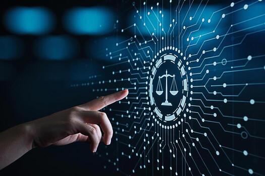 Finger interacting with a digital interface displaying scales of justice in a futuristic setting representing digital law legal technology and the intersection of justice and technology with a modern photo