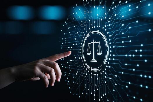 A persons finger interacts with a digital interface displaying the scales of justice symbolizing legal technology and innovation in a modern technologically advanced environment conveying a sense of t photo