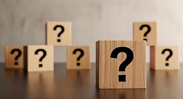 pregunta marca bloques de madera incertidumbre problema resolviendo decisión haciendo Confusión duda investigación responder solución conocimiento información aprendizaje concepto foto