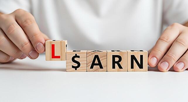 Person arranging wooden blocks to spell Learn Earn on a white surface symbolizing education and financial success conveying a message of growth and opportunity in a bright minimalist setting photo