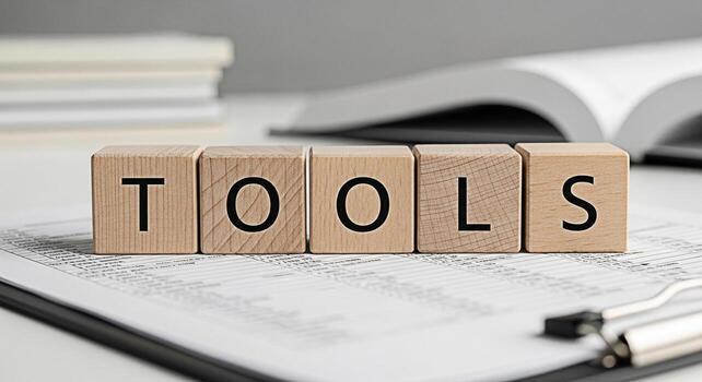 Wooden blocks spelling TOOLS resting on a clipboard with financial documents in a bright modern office symbolizing resources and strategies for business success and effective management photo