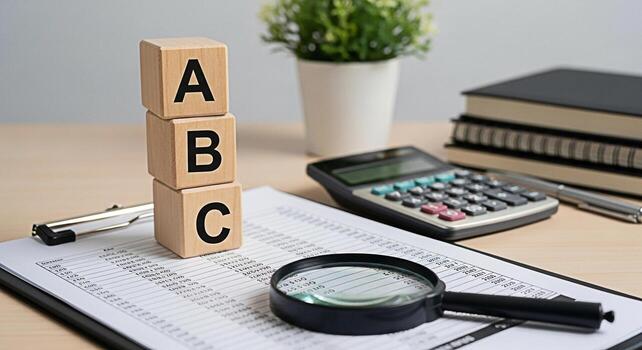 Wooden blocks displaying ABC letters on a desk with financial documents calculator and magnifying glass symbolizing basic accounting principles and financial analysis in a professional setting photo