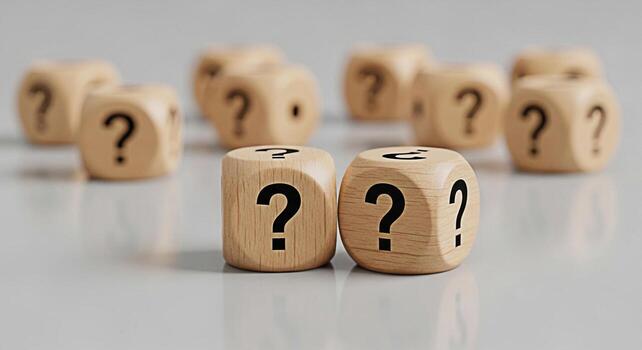 Closeup of wooden dice displaying question marks on a clean neutral surface evoking a sense of uncertainty inquiry and the need for answers in business education or personal development contexts photo