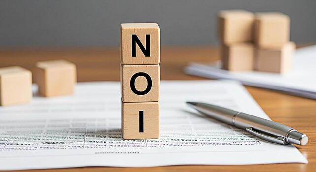 Wooden blocks spelling NOI on a financial document with a pen on a wooden desk representing Notice of Intent a formal declaration of a companys intention to undertake a specific action conveying serio photo