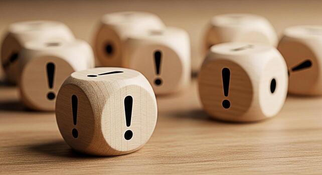 Wooden dice displaying exclamation marks on a wooden surface symbolizing urgent warnings and important notifications in a gamelike setting creating a sense of alertness and attention to detail photo