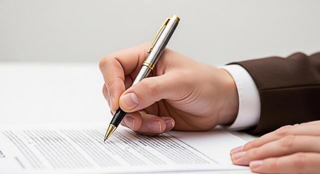 Closeup of a hand in a suit signing a document with a pen on a white desk symbolizing agreement contract and commitment in a professional and formal setting conveying trust and legal compliance photo