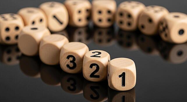 Wooden dice displaying sequential numbers on a reflective black surface symbolizing order and progression in a game of chance creating a sense of anticipation and strategic planning for success photo