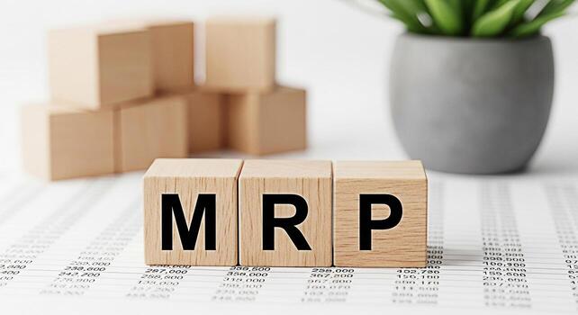 Wooden blocks displaying MRP on a financial document representing Maximum Retail Price in a business setting conveying concepts of pricing strategy cost management and retail economics with a clean mo photo