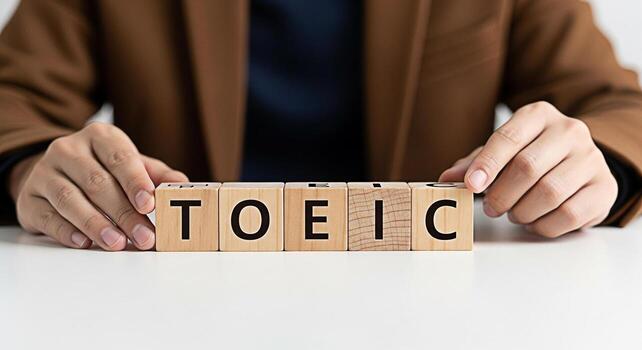 Man in a brown jacket arranging wooden blocks spelling TOEIC on a white table symbolizing preparation and success in the Test of English for International Communication conveying a sense of focus and photo
