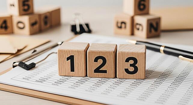Wooden number blocks displaying 123 resting on a financial report in a bright office setting symbolizing accounting principles financial planning and basic numeracy for business success photo