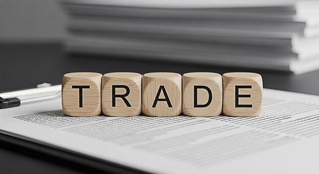 Wooden blocks spelling TRADE on a contract document in a professional setting symbolizing global commerce international business and the importance of fair agreements in a competitive and interconnect photo